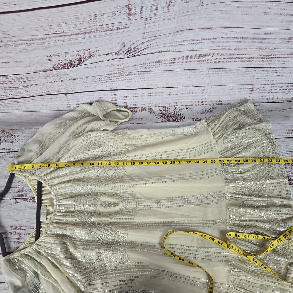 Carolina K Sequin Dress M Cream Cottagecore Sheer Sleeve Ruffle Tier Fairy Glam - Picture 14 of 15